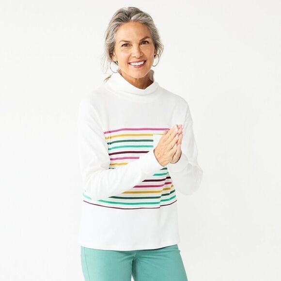 Croft & Barrow Mockneck Sweatshirt Ivory Multicolor Stripes Long Sleeve Size XL - Picture 1 of 8